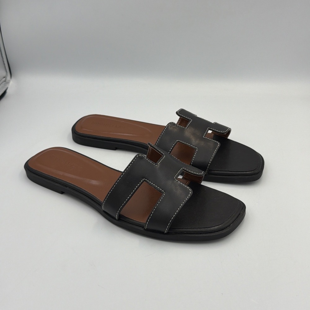 Stratuxx Kaze Slide Sandals Womens 9 Black Brown Footbed H Cut Minimal Luxe